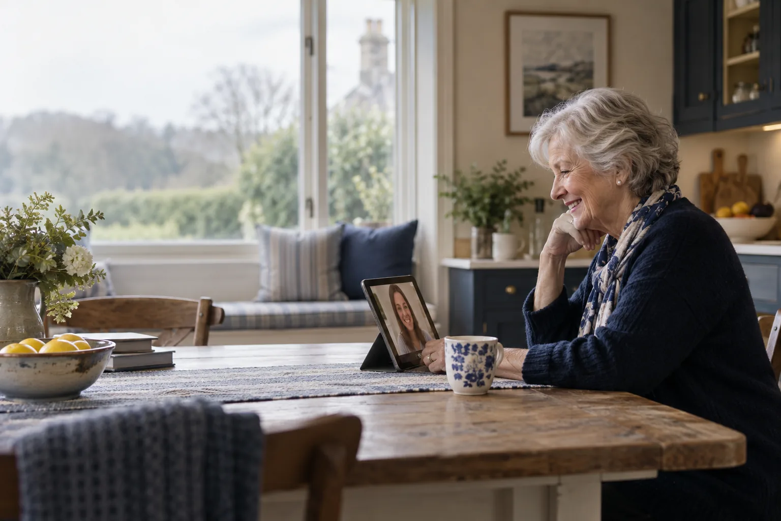 An older woman enjoying a video call from her kitchen table